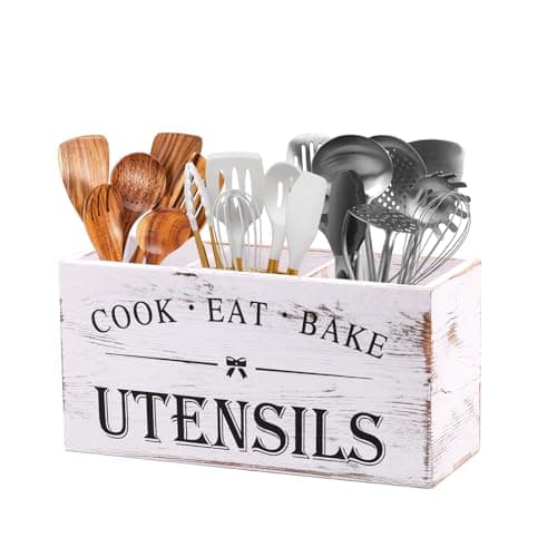 Kitchen Utensil Holder for Counter or Countertop, Extra Large Wood Organizer with 3 Compartments, Wooden Storage for Cooking and Silverware, Rustic Minimalist Decor, Sturdy Utensil Crock-White