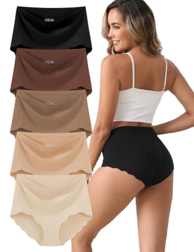 MCOWOD Womens High Waist Underwear, Seamless Briefs, No Show Panties with Scalloped Edge, Size S, Multicolor, 5-Pack
