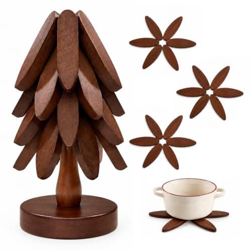 Wooden Tree Coasters, Trivets for Hot Dishes, Wooden Tree Trivet Set | Trivets for Hot Pots and Pans, Wooden Tree Trivet Set - 4 Wooden Trivet + 1 Stand, Christmas Coasters (Walnut,4 Pcs-A)