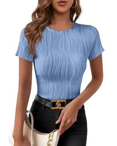 PRETTYGARDEN Women Summer Textured Knit Fitted Crop Tops,Blue,XL | Casual Short Sleeve Crewneck Slim Fit T Shirts,Basic Going Out Y2K Top,Cute Fall Work Office Blouse,Business Casual Outfits