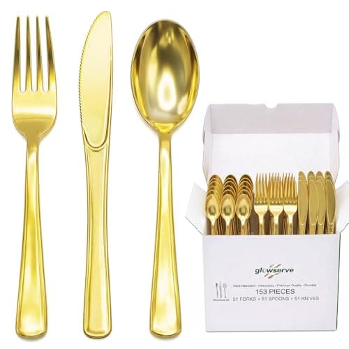 Glowserve 153 Pack Gold Disposable Plastic Silverware Set Cutlery Set