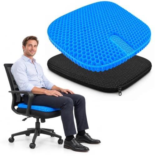 Gel Seat Cushion, Double-Layer Honeycomb, Tailbone Cutout, 16.9x16.1x0.98in | Double-Layer TPE Honeycomb・No Flattening・Tailbone Cutout・Office Chair・Car Seat・Breathable Airflow・Non-Slip・Washable Zip Cover
