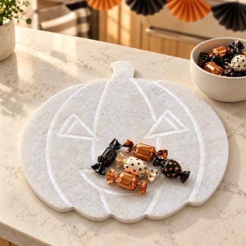 Marble Pumpkin Halloween Tray, Natural Marble Cutting Board, 11.5 x 10.2 Inch Cheese Board