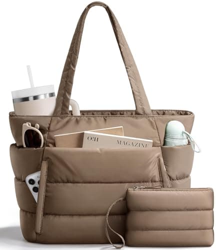 Bagstellar Puffer Tote Bag for Women, Lightweight Puffy Travel Gym Work Bag | 16 Pocket Teacher Nurse Quilted Shoulder Handbag Large Cloud Carry On 15.6" Laptop Computer Purse for School Nursing Clinical