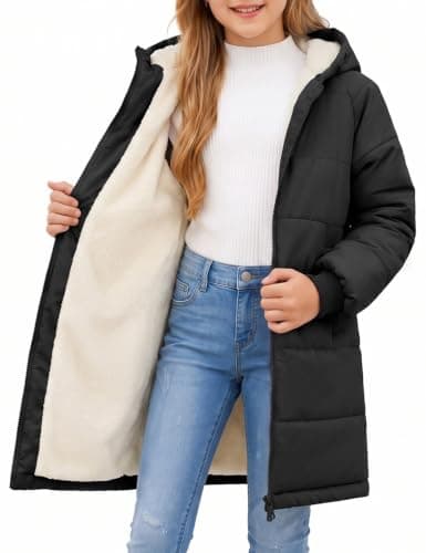 Uikue Girls Winter Water-Repellent Down Alternative Long Coat, Black, 6-7Y | Sherpa Fleece Lined, 2-Way Zipper Windproof Warm Hooded Outerwear, Kids' Outdoor Daily Wear