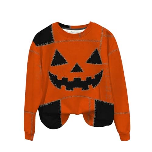 Women Halloween Sweatshirt Scary Pumpkin Face Colorblock Crew Neck Pullover | Women Halloween pumpkin ghost cat patchwork hoodie sweatshirt spooky season fall party outfit oversized fit size up