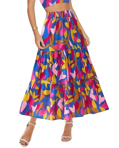 BTFBM Long Skirts for Women 2026 Summer Boho Floral Midi Skirt with Pockets | Elastic High Waist A Line Flowy Maxi Skirt,Dressy Casual Tropical Outfits,Beach Vacation Resort Wear,Early Fall Fashion