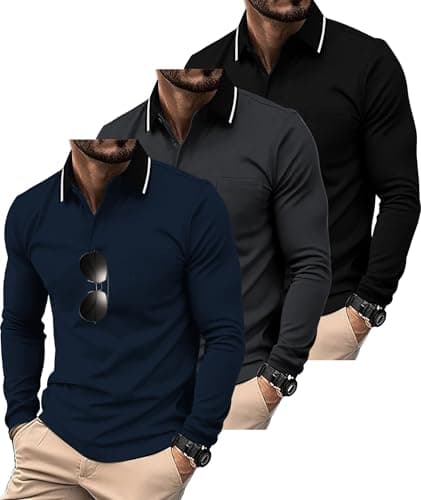 ZITY 3 Pack Men Polo Shirts with Pocket Long Sleeve Athletic T-Shirts | Sunglasses Hook,Golf Shirts,Moisture Wicking,Work,Athletic,Regular Fit,Breathable,Stretchy,Workout, Daily