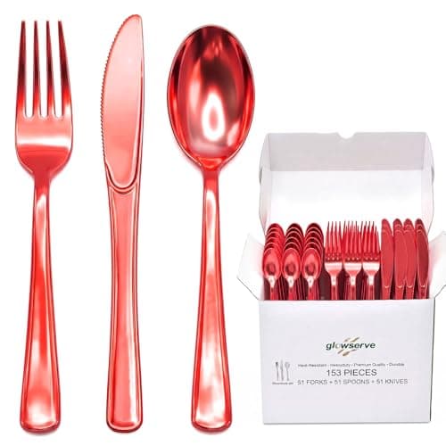 Glowserve 153 Pack Red Disposable Plastic Silverware Set Cutlery Set