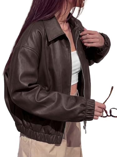 KIRUNDO Fall Oversized Zip Up Faux Leather Jacket Women(Dark Brown, S) | Loose Warm Winter Clothes With Pockets, Waterproof Chic Vintage Office Work Going Out Outwear, 2026 Trendy Casual Y2K Outfits