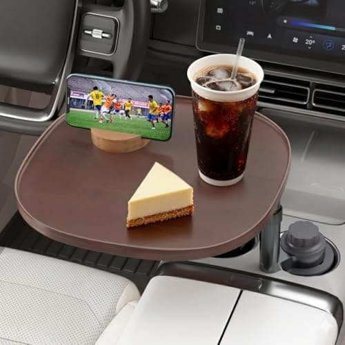 Car Tray Table & Car Laptop Desk with 360° Rotation & Phone Holder - Wooden Cup Holder Table, Car Laptop Mount & Food Tray Compatible with Tesla Model Y/3/S and Most Vehicles Walnut