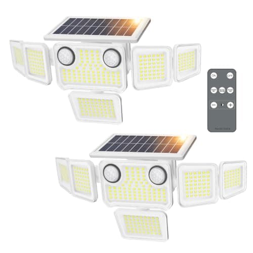 SZPOWER 6000LM Solar Lights Outdoor, 6 Heads Solar Flood Lights with 2 Motion Sensors & Remote Control, IP65 Waterproof, LED Security Lights for Yard, Patio, House, 2 Pack