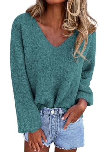 KIRUNDO Womens Oversized V Neck Cozy Fall Knit Sweater(Blue Green, L) | Fuzzy Long Sleeve Pullover, Cute Soft Warm Winter Tops for Daily Wear, Casual Work, Going Out, 2026 Fashion Clothing