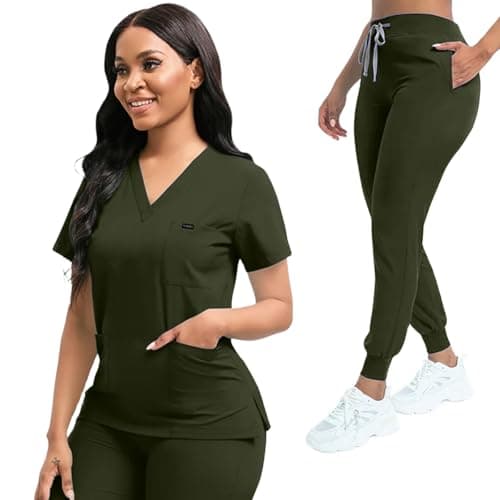 YEZEX Scrubs for Women Set, Stretch V-Neck Top & Jogger Scrub Pants, Army Green