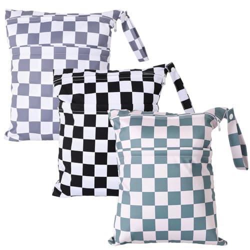 Eaxin Waterproof Wet Dry Bag 3-Pack Wet Bags for Baby Swimsuits Travel | Zippered Pockets with Handle|Reusable Storage Bag for Beach Daycare Diaper Yoga Gym Makeup Wet Clothes-Black Grey Checkers