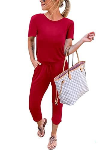 KIRUNDO Jumpsuits for Women Summer Casual Short Sleeve(Red, S)