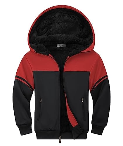 LLdress Boys Hoodie Kids Fleece Sherpa Lined Jacket Youth Zip Up Heavyweight Hooded Sweatshirt Teen Winter Warm Coat Red Black Size 12-13