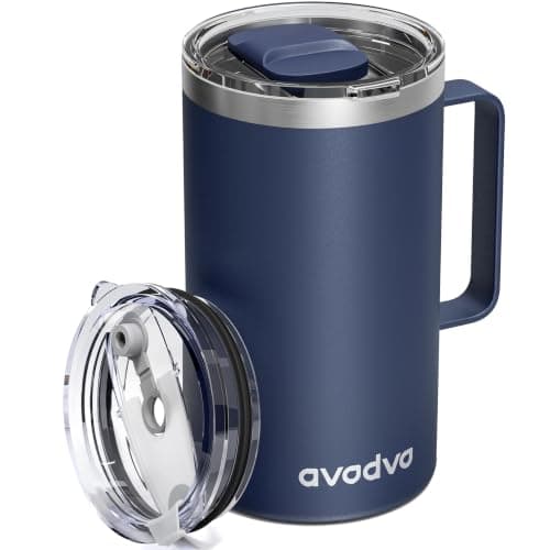 avodvo 24oz Insulated Coffee Mug with Handle, 2 Lids & Straw, Travel Cup | Keeps Drinks Hot & Cold, Double Wall Vacuum Insulated Stainless Steel Tumbler for Home, Office & Camping, Navy Blue