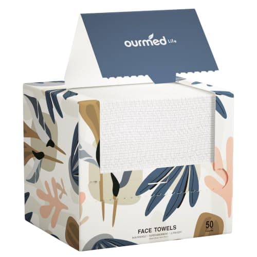 Ourmed Life Disposable Face Towels, 7.9 x 10 in Facial Towels, 60 Count | Clinically Tested, Reduce Redness, Skin Soothing, Sensitive Skin friendly, Biodegradable, Skincare, Women Cleansing,Absorbent