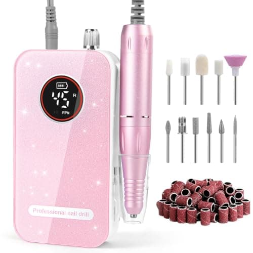 Professional Nail Drill, 45000RPM Rechargeable Cordless Electric File,Pink | Portable Electric Nail File,11 Drill Bits & 50 Bands, Low Noise, For Acrylic Gel Nails, Salon & Home, Beginner Friendly
