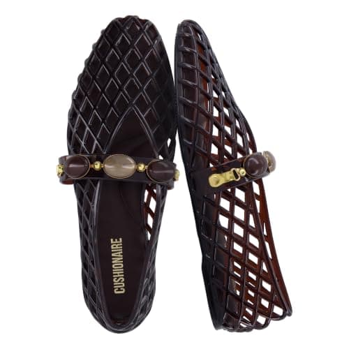 CUSHIONAIRE Sugar Jelly Flats for Women, Embellished Vamp Strap Jelly Shoes | Beach Shoes for Women, Lattice Cutout Upper Jelly Sandals, Almond Toe, Stone Accents, Metal Hardware, Water Resistant PVC