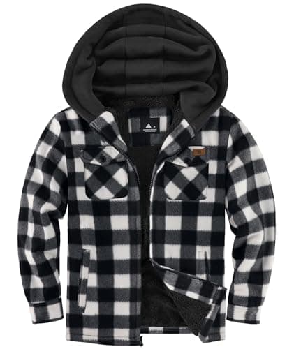 ZITY Boys Flannel Jacket Fleece Sherpa Lined Plaid Hoodies Unisex Kids Coat | Full Zip, 4 Pockets, Winter Warm Outwear Sweatshirt, Machine Wash, Outdoor, School, Daily, Ski, Hiking, Camping, 6-15 Years