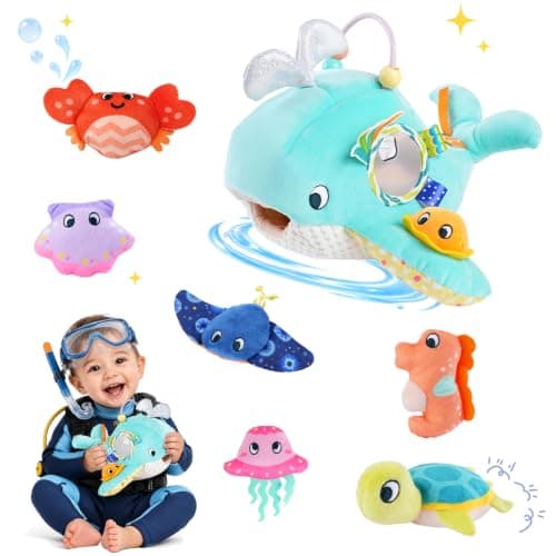Velenyth Baby Sorting Activity Toy for 6–12 Months, 7-Piece Plush Ocean Animal Fill-and-Spill Set with Whale Storage, Mirror, Rattle, Crinkle and Squeaker