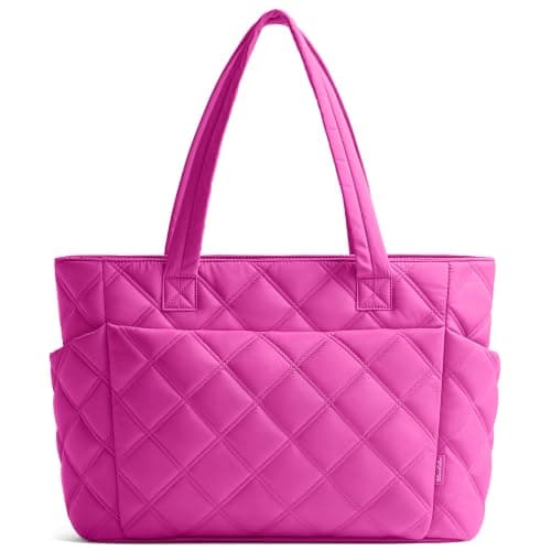 Uselike Tote Bag for Women, Lightweight Puffer Tote Work Bags with Compartments for Travel, Quilted Shoulder Bag with Zipper (Raspberry Pink)