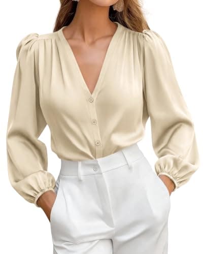 BTFBM Satin Blouses For Women Dressy Casual Button Down Shirts,Beige,L | Lightweight Silk Formal Tops, V Neck Lantern Long Sleeve Shirt, Office Work Business Casual Outfits, Fall Clothes 2026 Trendy