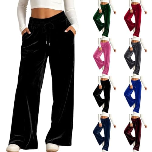 Hrwauag Women Velour Wide Leg Pants Drawstring High Waist Loose Fall Casual Baggy Sweatpants Trousers with Side Pockets Black