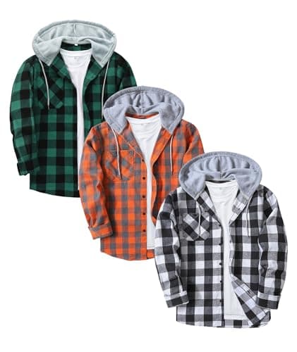 3-Pack Men's Plaid Hooded Button-Up Shirts Long Sleeve Cotton Hoodies Loose Fit Casual Tops Flannel Shirt