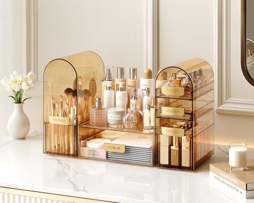 منظم مستحضرات التجميل من Pomohome مزود بأدراج وحامل فرش للطاولة التجميلية، منظم مستحضرات التجميل الشفاف المصنوع من الأكريليك على شكل قوس، قابل للفك والتكديس، ومنظم منتجات العناية بالبشرة للطاولة التجميلية، لمستلزمات التجميل والجمال