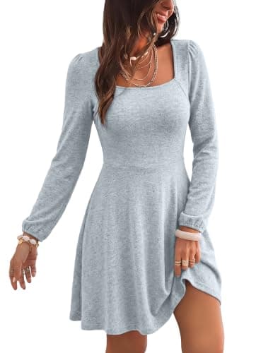 KIRUNDO Casual Fall Dresses for Women Cute Long Sleeve Dress,Dusty Blue,L | Lightweight Square Neck Knit Babydoll Mini Dress, High Waist, Fit And Flare, A Line, Holiday Cocktail Party Outfits