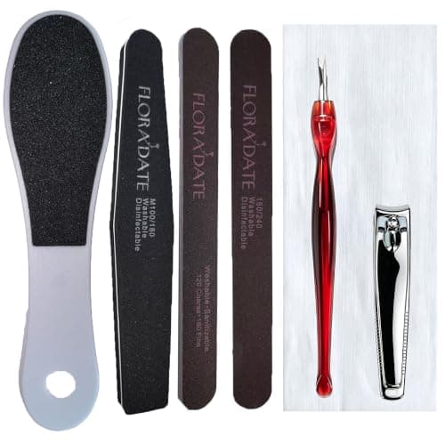 Flora Date 7-Piece Professional Nail Care Kit:Ceramic‑Coated Sponge Nail File, Thin & Wooden Nail Files, Foot File, Cuticle Pusher, Nail Clipper & Disposable Bath Towel for Home & Salon Nail Tools