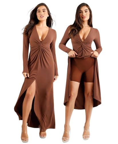 Popilush Shapewear Dress 9 in 1 Long Sleeve Dresses for Women Brown S
