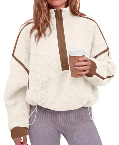 KIRUNDO Womens Half Zip Fleece Pullover Sherpa Sweatshirts,Beige,L | Quarter Zip Cropped Jackets With Drawstring, Loose Fit Sweater Tops, Color Block Winter Coats, 2026 Trendy Fall Clothes