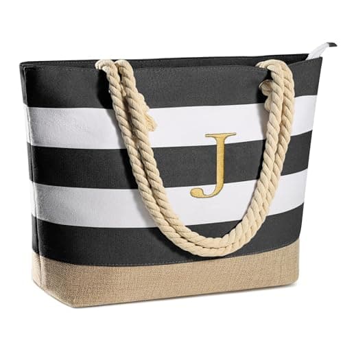 YOOLIFE Initial Canvas Waterproof Beach Tote Bag, Zipper Travel Essential | Initial Canvas Waterproof Beach Tote Bag with Zipper, Personalized Birthday Gifts for Women, Travel Beach Essential