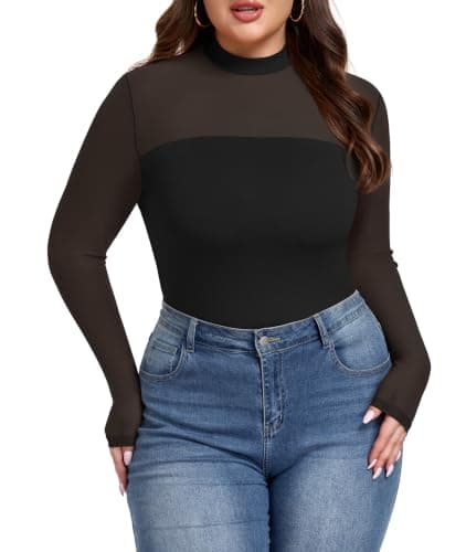 Plus Size Mesh Top for Women Sheer Mock Neck Long Sleeve Blouse 3X Black
