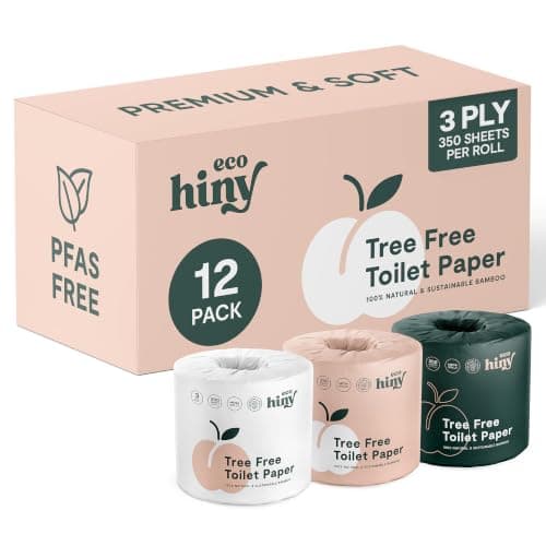 ecoHiny Premium Bamboo Toilet Paper 12 Mega Rolls 3ply 350 Sheets PFAS Free | Soft & Strong, FSC Certified, Septic Safe, BPA & Paraben Free, Elemental Chlorine Free, Non-Toxic, Zero Plastic Packaging