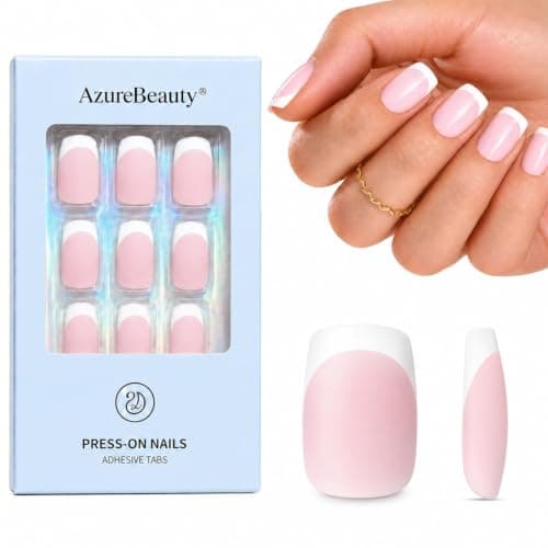 AzureBeauty Short Square Press On Nails, Matte Pink French Tip 32 Pcs