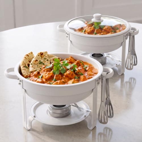5QT Round Chafing Dish Set 2-Pack, Buffet Server, White Granite & Tongs | Tool-Free Setup | Hot & Cold Serving | Dual-Pan Design | Easy Cleanup | Great for Entertaining