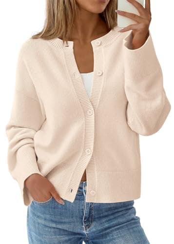 KIRUNDO Cardigan Sweaters for Women 2026 Fall Oversized Drop Shoulder Cream | Soft Mid-Weight Knit, Puff Long Sleeve Button Front Crewneck Business Casual Outfits, Loose Daily Wear Winter Travel Clothes