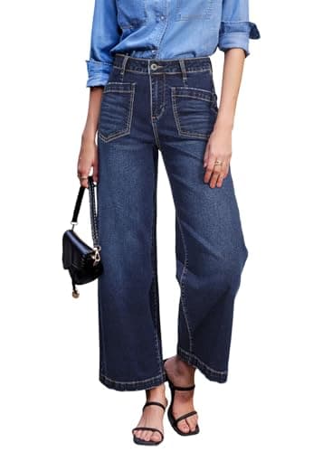 Sidefeel Wide Leg Jeans for Women High Waisted Stretchy Ankle Denim Pants | Soft Comfy Denim Jeans, Four Patch Pockets with Distressed Details, Up to 28'' Inseam, Versatile Outfits for Casual Vacations