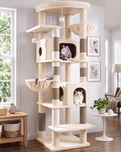 Globlazer 74in Heavy Duty Cat Tree Tower for Indoor Cats Large Adult, S74 | Sturdy Cat Tower with 7 Scratching Posts, 2 Widened Padded Condos for Big Cats, Dual-Ear Baskets, Enlarged Perch
