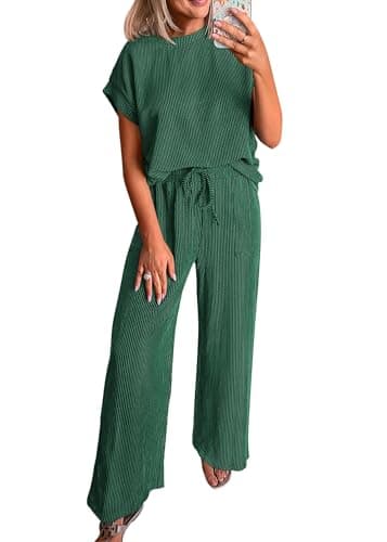 KIRUNDO 2 Piece Sets for Women Dressy Matching Lounge Set(Dark Green, M) | Airport Travel Outfit, Ribbed Knit Short Sleeve Top, Comfy Wide Leg Pants Set, With Pockets,2026 Summer Fall Fashion Clothing
