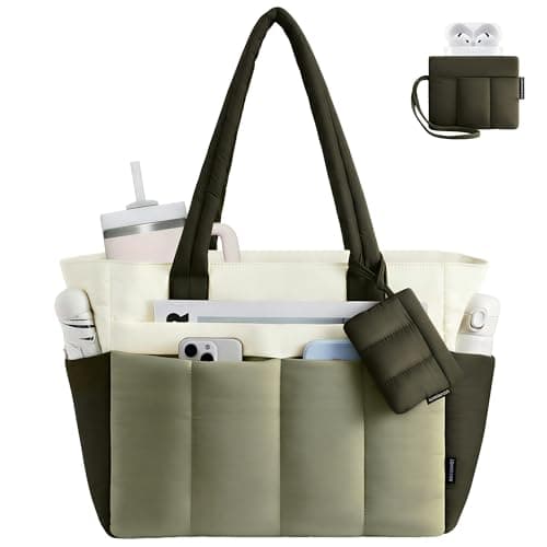 LOVEVOOK Puffer Tote Bag for Women Quilted Work Tote Handbags with Zipper 15.6 inch Teacher Nurse Bags for Office Travel Grayish Green