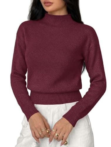 BTFBM Women’s Long Sleeve Sweaters Mock Neck Tops,S,Burgundy | Lightweight Knit Pullover Sweater,Basic Classic Daily Wear 2026 Fall Fashion,Winter Layer Clothes,Business Casual Outfits