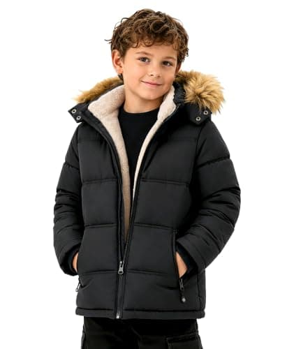 Boys Winter Coat Fleece Waterproof Sherpa Jacket with Detachable Fur Hood
