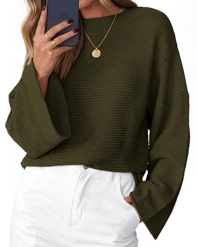 KIRUNDO Oversized Sweaters for Women Chunky Ribbed Knit Tops,Army Green,S | Long Sleeve Fall Sweater, Soft Crewneck Loose Fit Shirts, Drop Shoulder, Rolled At Sleeves And Hem, Work Office Daily Wear