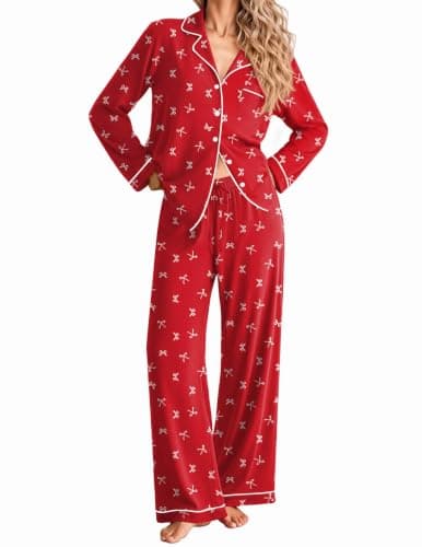 Ekouaer Women Christmas Pajama Long Sleeve Button Up Loungewear Striped Pjs | Notch Collar, Chest Pocket, Elastic Waistband with Drawstring, Fall Winter Pajamas Set, 2 Piece Lounge Sets, Soft Sleepwear